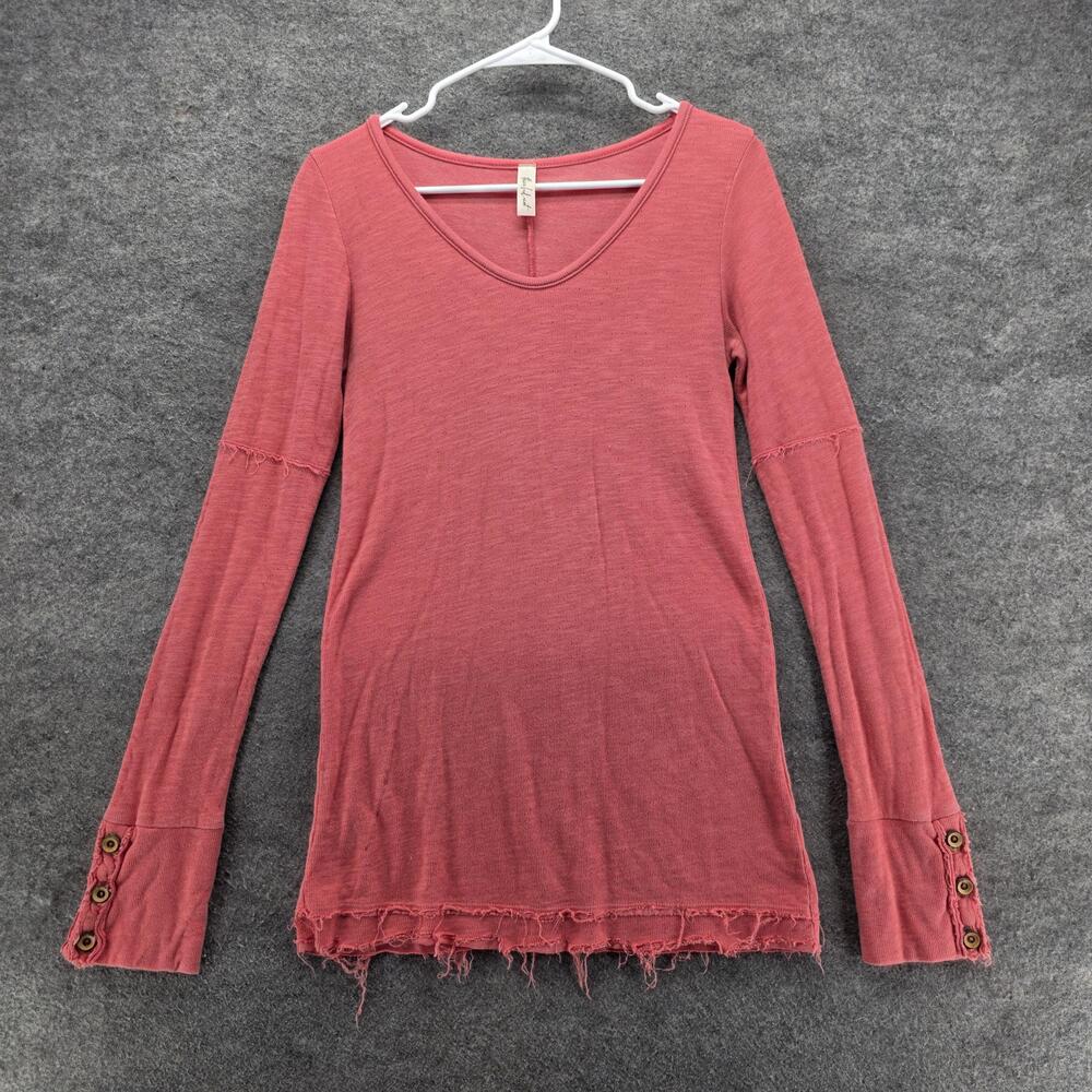 Three Bird Nest Shirt Womens Small Pink V Neck Long Sleeve Tunic Raw Hem